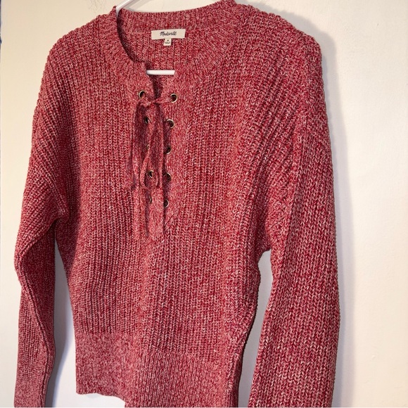 NWT Madewell Red Marled Ribbed Long Sleeve Lace-Up Sweater 100% Cotton Size M - Picture 4 of 8